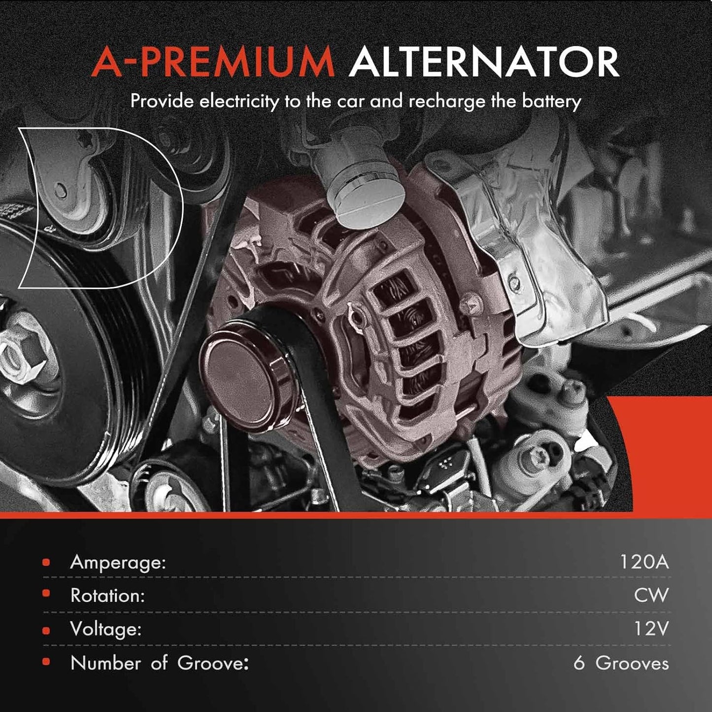 Alternator Compatible with Hyundai Elantra 2013, Elantra Coupe/Elantra GT 2013 & Kia Soul 2012-2016, Forte 2014-2016, Rondo 2014-2016, 1.8L 2.0L, 12V 120A 6-Groove Decoupler Pulley Clockwise
